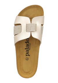 Infradito beige con un design strutturato. Presenta due fasce larghe, una liscia e una con un accento glitterato. Sottopiede in suede e marchio all'interno.