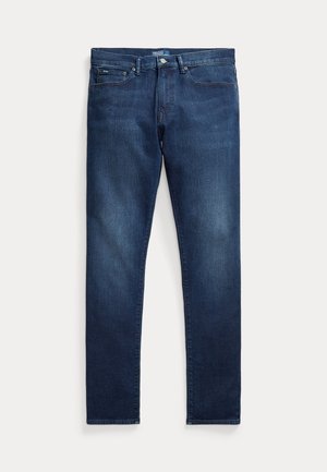 Dark blue denim jeans with a straight-leg cut, featuring a standard waistband, five pockets, and a smooth texture. No patterns visible.