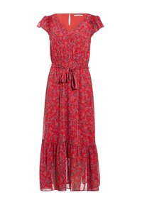 Robe maxi rouge à fleurs avec des manches courtes froncées, décolleté en V, ceinture à la taille et ourlet à volants. Texture légère, avec des motifs bleus et crème.