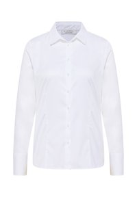 White long-sleeve button-up shirt made of smooth fabric, featuring a classic collar and buttons along the front, plain texture.