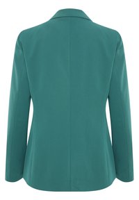 Teal bleiser med en skreddersydd passform, strukturerte skuldre, enkel ryggventil, og glatt tekstur. Har en notched krage og lange ermer.
