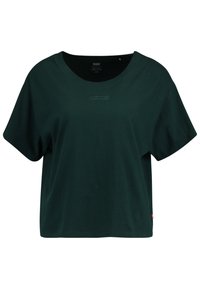 Mörkgrön T-shirt med kort ärm, tillverkad av bomull, med rund halsringning och en sydd Levi's-logotyp i mitten. Löst skuren design.