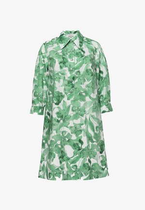 Rochie albă în linie A, cu model floral verde în acuarelă, cu nasturi în față, mâneci trei sferturi și guler ascuțit.