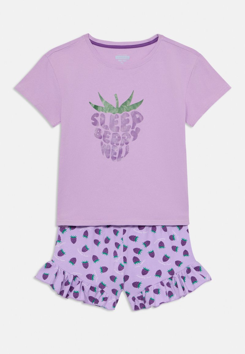 Λιλά σετ πιτζάμας με κοντομάνικο πουκάμισο που διαθέτει γραφικό σταφύλι και κείμενο, σε συνδυασμό με βραχιολάκια με ρίγες που είναι διακοσμημένα με σταφύλια και πράσινες λεπτομέρειες.