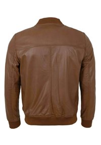 Braune Lederbomberjacke, gerippten Kragen und Bündchen, glatte Textur, sichtbare Nähte auf dem Rücken, für eine enge Passform entworfen.