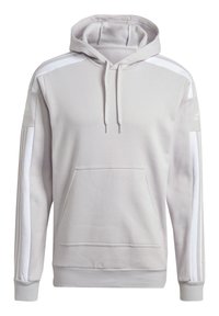 Sweat-shirt gris clair avec capuche, poche kangourou, rayures blanches sur les manches, poignets côtelés et accents de logo sur les épaules. Texture douce.