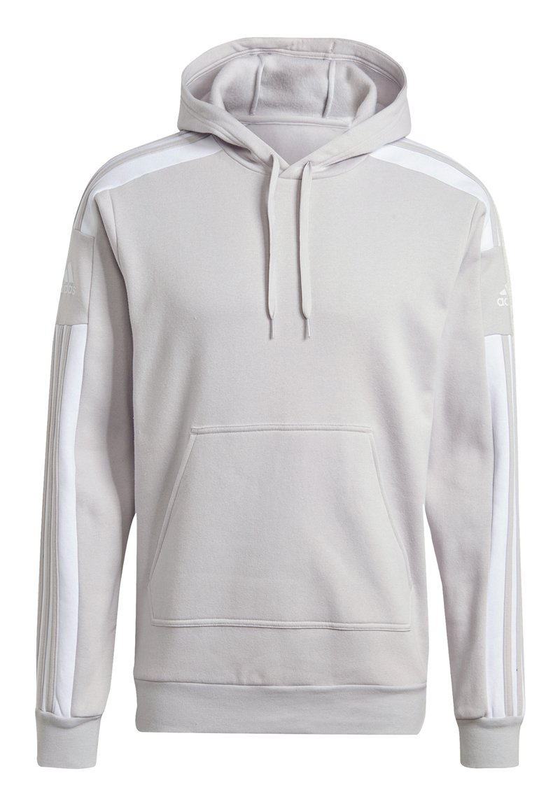 Sweat-shirt gris clair avec capuche, poche kangourou, rayures blanches sur les manches, poignets côtelés et accents de logo sur les épaules. Texture douce.