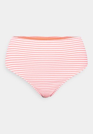 Dvoudílné plavky s vysokým pasem, které mají střídající se růžové a bílé pruhy, strukturovanou látku a široký pas pro bezpečné nošení.