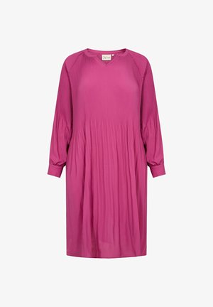 Roza, obleka do kolen z razrahljano silhueto, rebrasto teksturo, dolgimi rokavi in V-izrezom. Ima zbrano podrobnost pri pasu.