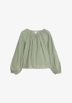 Blouse en tissu froissé vert avec de longues manches bouffantes et un col froncé, présentant une coupe ample et décontractée. L'étiquette indique « M&S ».