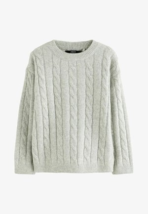 Világosszürke cable-knit pulóver hosszú ujjakkal, kerek nyakkivágással, texturált mintával, valamint bordás aljjal és mandzsettával. Puha, meleg anyagból készült.