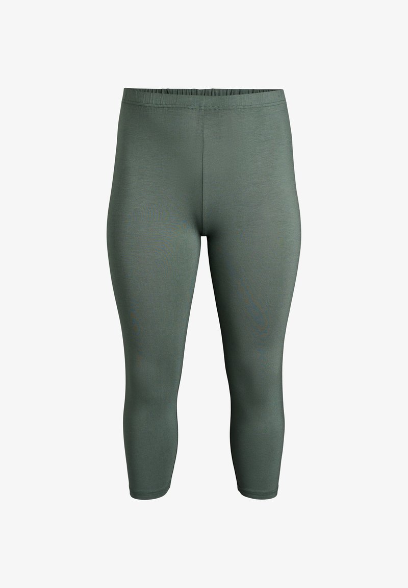 Grønne, tætsiddende leggings med elastisk taljebånd. Glat, elastisk materiale, der går til midt på læggen. Sømløs design uden lommer eller pynt.