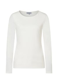 Long-sleeve, crew neck shirt in soft white fabric. Features a smooth texture and fitted design with minimal stitching detail.