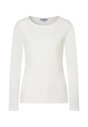 Langärmliges, Crewneck-Shirt aus weichem weißen Stoff. Verfügt über eine glatte Textur und ein enges Design mit minimalen Nähten.