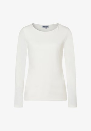 Langärmliges, Crewneck-Shirt aus weichem weißen Stoff. Verfügt über eine glatte Textur und ein enges Design mit minimalen Nähten.