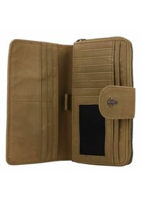 Bruine leren portemonnee interieur met meerdere kaartsleuven, een ritsvak en een gaas ID-venster. Geweven details door het hele ontwerp.