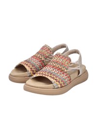 Offene Sandalen mit mehrfarbigem gewebtem Obermaterial und beiger Zwischensohle. Sie verfügen über eine gepolsterte Innensohle und elastische Riemen für einen sicheren Sitz.