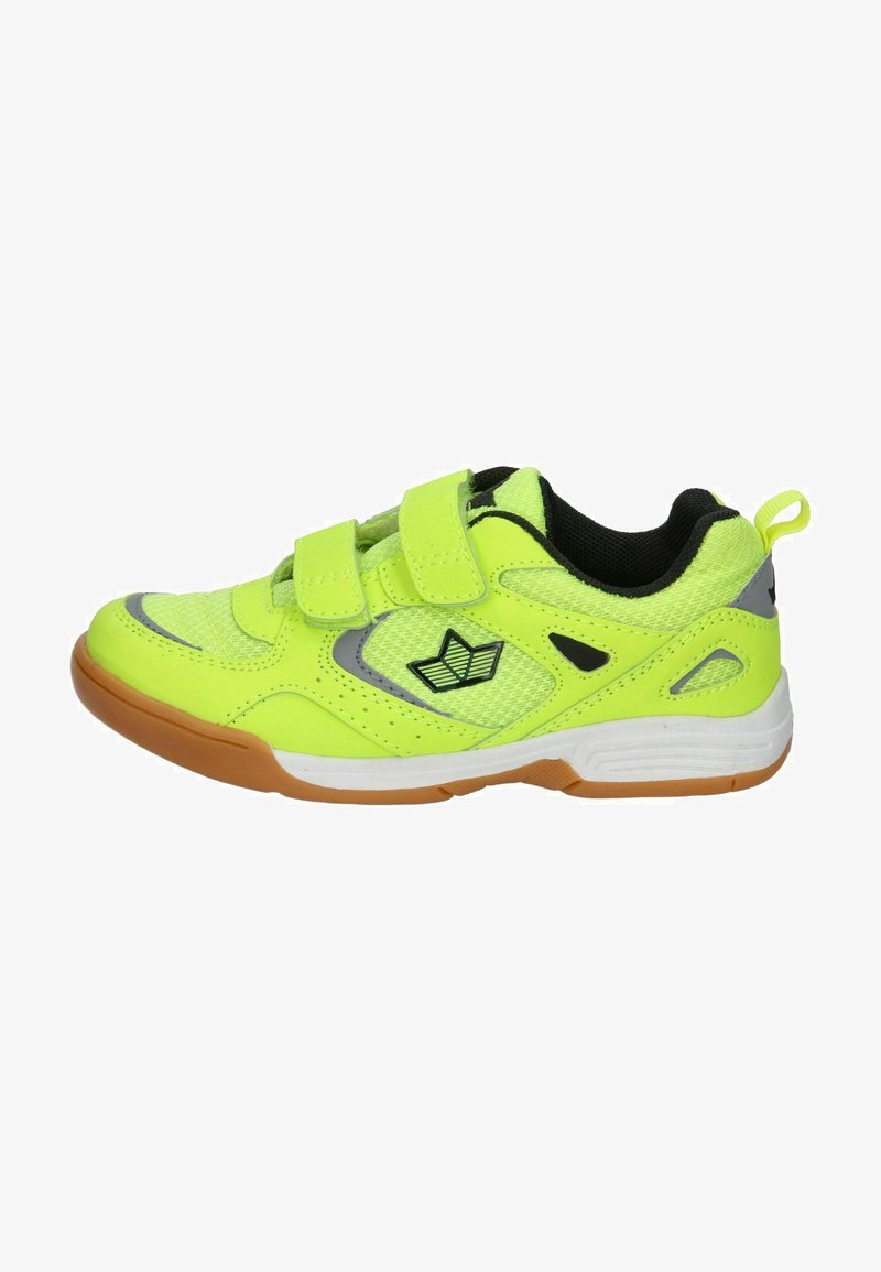 Bright neon green athletic shoe with mesh and synthetic upper, two Velcro straps, rubber sole, and dark accents on the heel and logo.