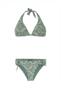 Bikini komplet s halter vratom i odgovarajućim bikini donjim dijelom. Zeleni materijal s kompleksnim geometrijskim uzorcima. Podesive vrpce na vrhu i sa strane.