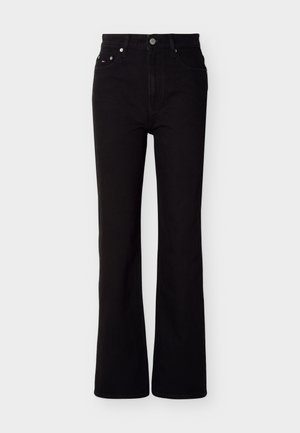 Zwarte denim flared jeans met hoge taille, voorzien van vijf zakken en een metalen knoopsluiting. Soepele structuur, rechte snit vanaf de knie naar beneden.