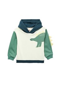 Felpa verde e crema con cappuccio blu navy; presenta un'applicazione a forma di dinosauro sulla parte anteriore e spine gialle sul retro. Materiale in cotone.