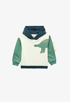 Green and cream hoodie with a navy hood; features a dinosaur appliqué on the front and yellow spikes on the back. Cotton material.