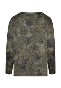 Langärmliges Hemd in Olivgrün mit strukturierter Stoffqualität, mit dunklem Blumenmuster und rundem Ausschnitt. Rückansicht sichtbar.