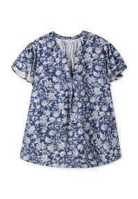 Blusa floreale blu navy con stampe botaniche bianche, maniche corte a volant, scollo a V e dettaglio con bottoni davanti.