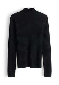 Haut noir à rayures, à manches longues, avec un col montant et un accent froncé au niveau du col, comportant un motif texturé sur l'ensemble du tissu.