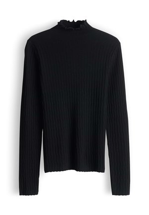 Zwarte geribde lange mouw top met een hoge halslijn en een gerimpeld accent bij de kraag, met een gemêleerd patroon door de stof.