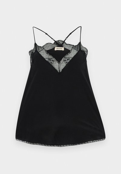 Zwarte camisole met verstelbare bandjes, met een kanten V-hals en golvende randen. Gladde stof met een lichte glans.