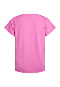 Pink short-sleeve t-shirt with a rounded neckline, made of smooth, lightweight fabric, featuring a simple design and no visible patterns or accents.