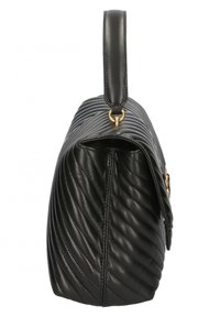 Borsa a tracolla in pelle nera imbottita, con una forma strutturata, dotata di manico superiore e accessori in tonalità oro. Texture liscia e motivi in rilievo.