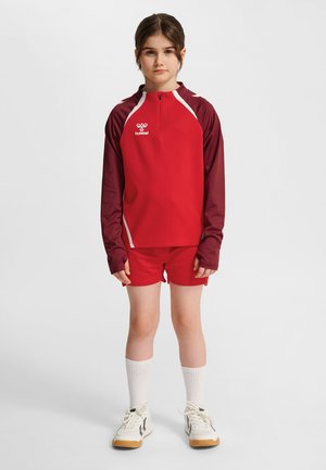 Ung pige står vendt fremad iført rød og mørkerød sportstøj, hvide sokker og hvide sneakers mod en ensartet hvid baggrund.