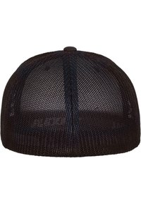 Fekete hálós snapback sapka, strukturált kialakítással, kerek koronával és lapos vizorral. A hálós anyag légáteresztő és rugalmas.