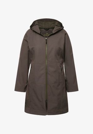 Vedenkestävä ruskea takki, jossa on vetoketjukiinnitys, huppu ja kaksi sivutaskua. Takissa on sileä pinta ja ompeluyksityiskohtia hihoissa.