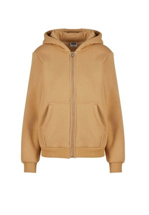 Hettegenser med glidelås i lys beige med en myk tekstur, frontlommer, ribbestrikkede mansjetter og en avslappet passform.