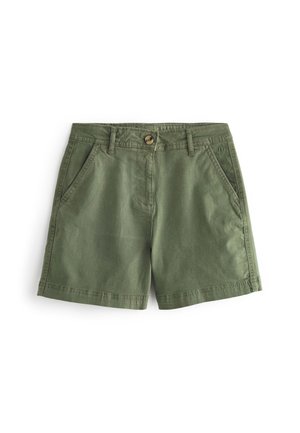 Short en coton vert olive avec poches avant, passants pour ceinture et fermeture par un seul bouton.