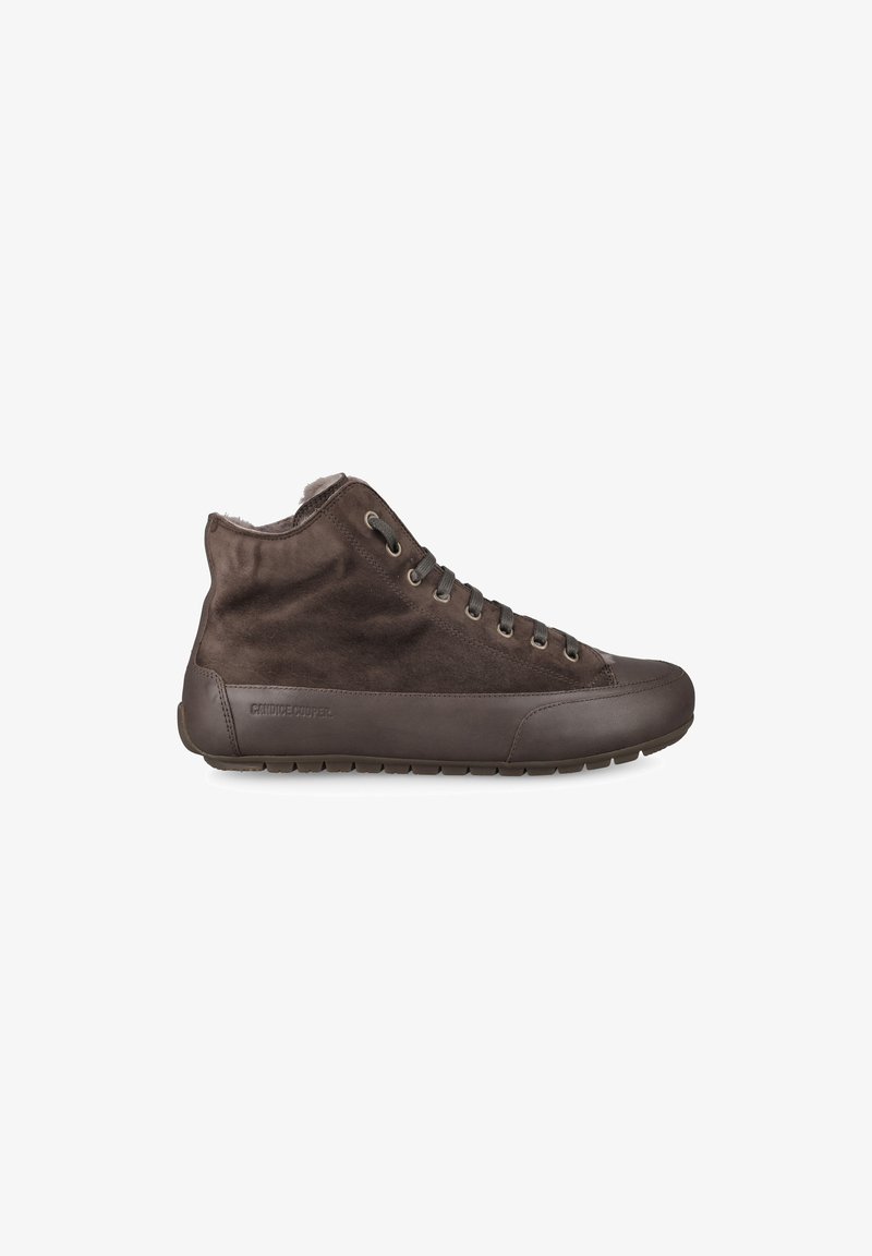 Brown high-top sneaker with suede and leather materials, lace-up front, and rubber sole, shown from the outer side on a white background.