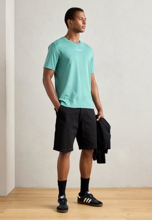 Light green short-sleeve T-shirt, black shorts, and black sneakers with white stripes. Casual outfit with simple design and comfortable fit.