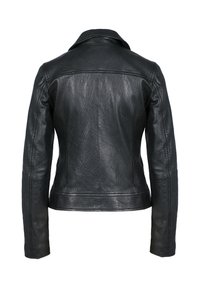 Schwarze Lederjacke mit glatter Textur, klassische Kragen und taillierte Passform. Keine sichtbaren Beschläge oder Akzente. Rückansicht.