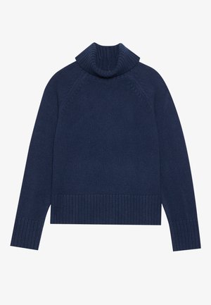 Pull à col roulé bleu marine en maille douce, avec des poignets et un ourlet côtelés, une coupe décontractée et des détails côtelés au niveau du col.