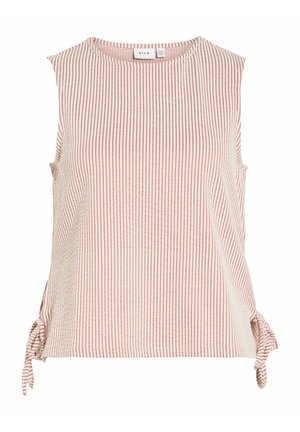 Haut sans manches pour femme avec des rayures verticales roses et blanches, col rond et liens latéraux à l'ourlet.