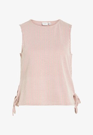 Haut sans manches pour femme avec des rayures verticales roses et blanches, col rond et liens latéraux à l'ourlet.