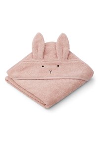 Różowy ręcznik z kapturem wykonany z miękkiego frotte, z uszami króliczka i naszytymi detalami twarzy. Obszyty kontrastową lamówką.