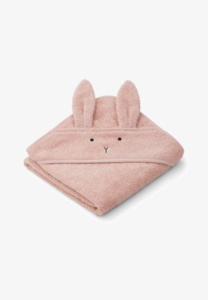 Rosa hettehåndkle laget av myk frotté, med kaninører og sydd ansiktsdetaljer. Kantet med en kontrastfarge.