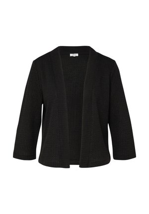 Cardigan noir texturé, à ouverture devant, manches trois-quarts et coupe décontractée.