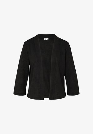 Cardigan noir texturé, à ouverture devant, manches trois-quarts et coupe décontractée.