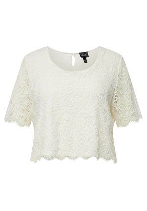 Witte kanten crop top met korte mouwen, voorzien van bloempatronen, een geschulpte zoom en een keyhole detail bij de achterkant van de halslijn.