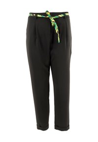 Pantaloni neri realizzati in tessuto liscio, con una cintura a righe colorate annodata a fiocco. Lunghezza cropped con risvolti.